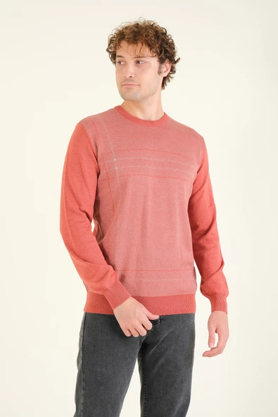 Erkek Desenli Sıfır Yaka Kazak Kiremit