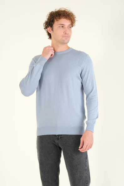 Erkek Biyeli Sıfır Yaka Kazak Mavi