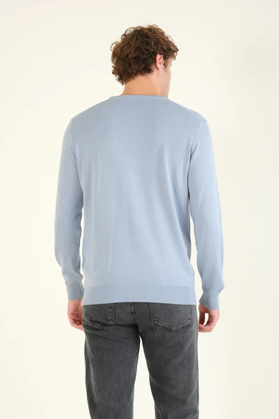 Erkek Biyeli Sıfır Yaka Kazak Mavi - 5