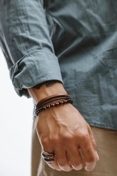 Hakiki Deri Taba Şeritli Kahve Boru Örgülü Doğal Taşlı Bileklik - 2