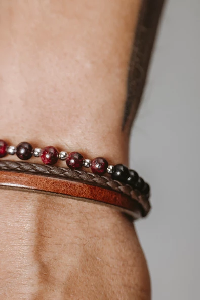 Hakiki Deri Taba Şeritli Kahve Boru Örgülü Doğal Taşlı Bileklik - 3