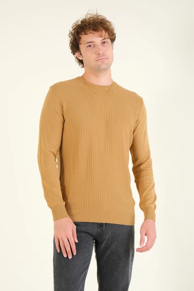 Erkek Desenli Sıfır Yaka Kazak Hardal