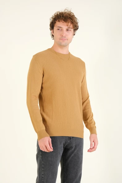 Erkek Desenli Sıfır Yaka Kazak Hardal - 4