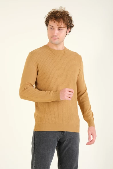 Erkek Desenli Sıfır Yaka Kazak Hardal - 2