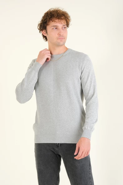 Erkek Desenli Sıfır Yaka Kazak Gri - 3