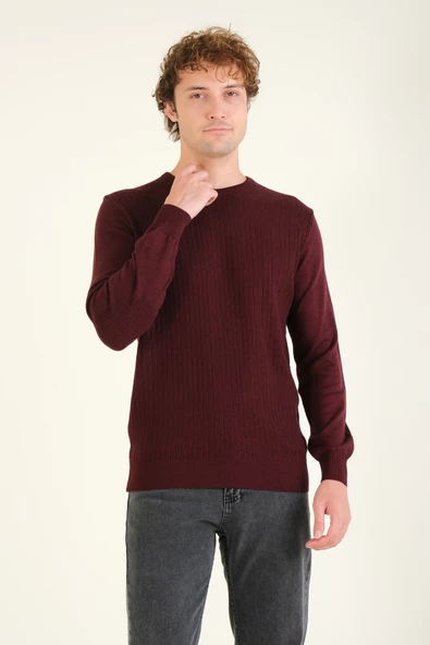 Erkek Desenli Sıfır Yaka Kazak Bordo