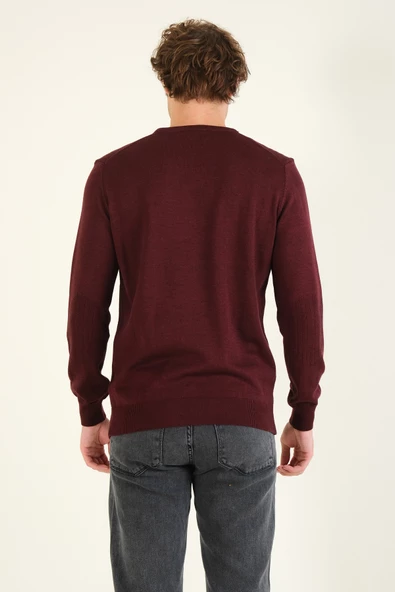 Erkek Desenli Sıfır Yaka Kazak Bordo - 6