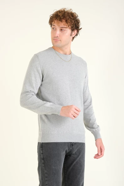 Erkek Desenli Sıfır Yaka Kazak Gri