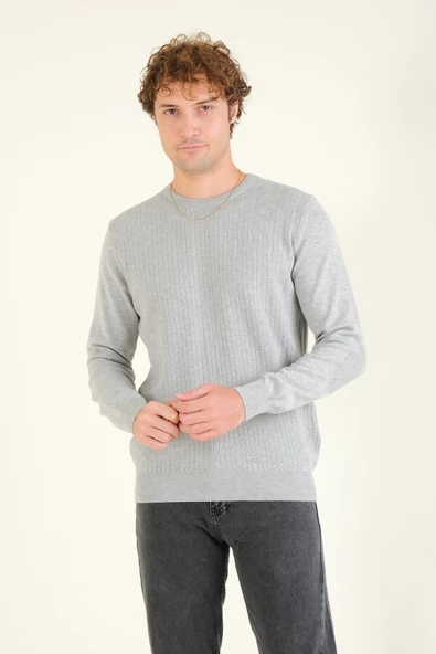 Erkek Desenli Sıfır Yaka Kazak Gri - 2