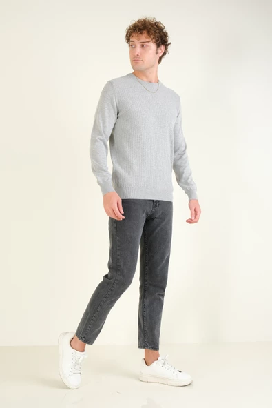 Erkek Desenli Sıfır Yaka Kazak Gri - 5