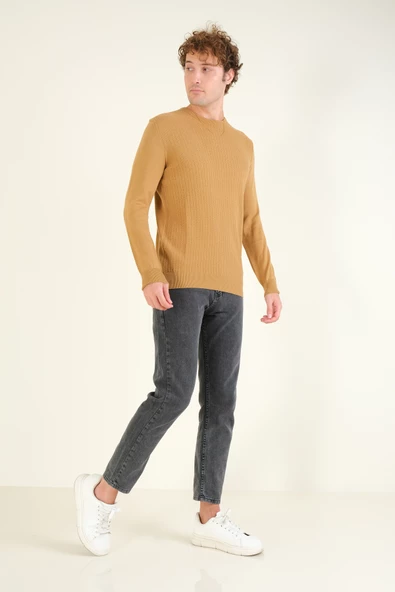 Erkek Desenli Sıfır Yaka Kazak Hardal - 5