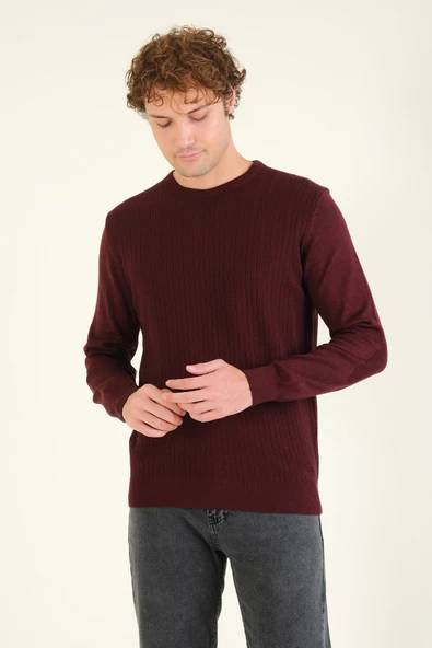 Erkek Desenli Sıfır Yaka Kazak Bordo - 3