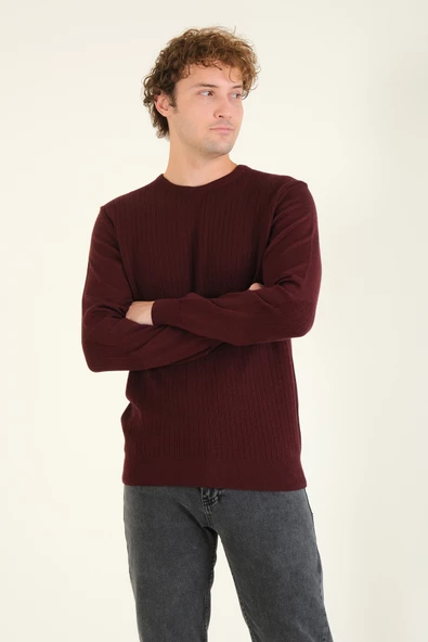 Erkek Desenli Sıfır Yaka Kazak Bordo - 4