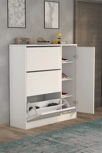 Moonlife Milano 3 Kapaklı Kayar Raflı Dolaplı Ayakkabılık Beyaz - 2