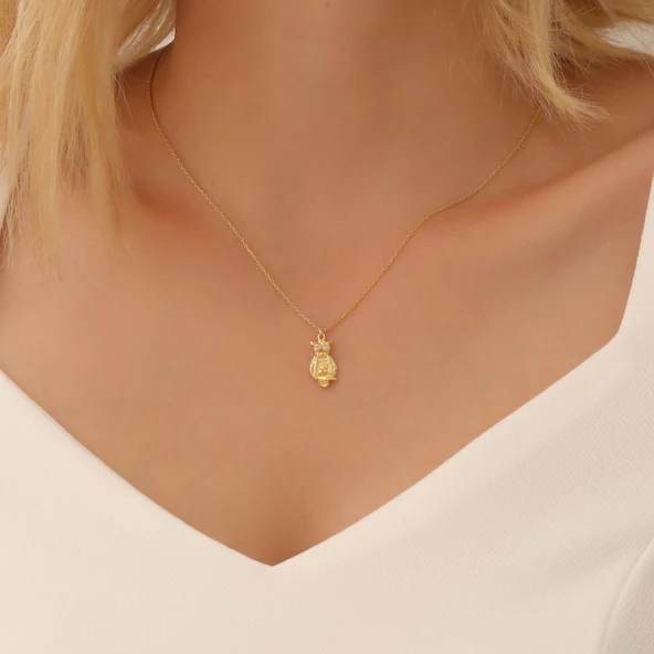 925 Ayar Gümüş Minimal Taşlı Baykuş Kolye - Resim 3