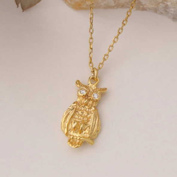 925 Ayar Gümüş Minimal Taşlı Baykuş Kolye - Resim 5