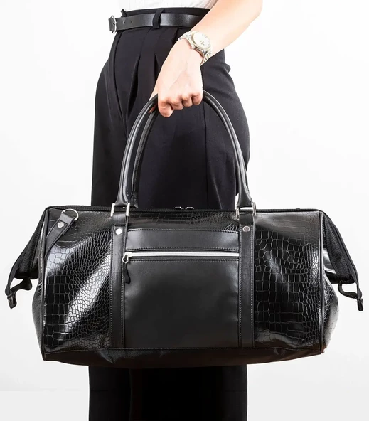 Seyahat Spor ve Fitness Çantası Suni Deri - LX600 Krokodil Siyah - Resim 5