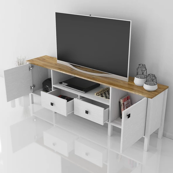 Sakura  Lagos  2 kapak 2 çekmece  tv ünitesi -Wood Beyaz-Minifiks Bağlantılı - 3