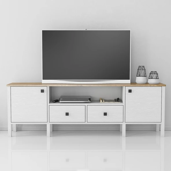 Sakura  Lagos  2 kapak 2 çekmece  tv ünitesi -Wood Beyaz-Minifiks Bağlantılı - 2