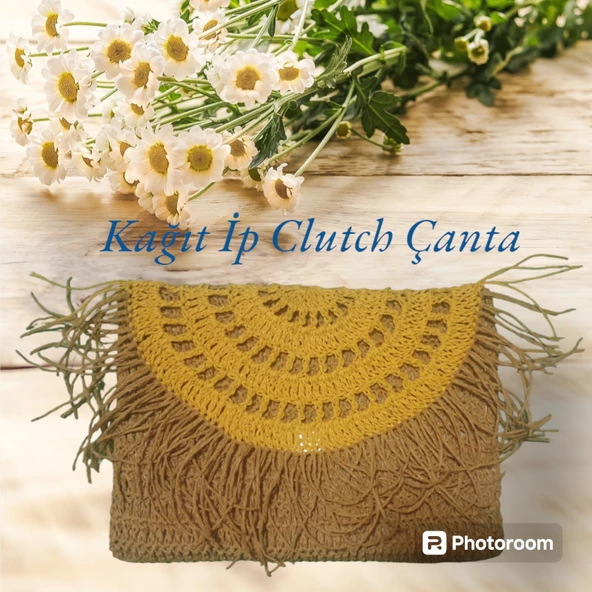 El Örgüsü Kağıt İp Clutch Çanta Sarı Püskül Detay