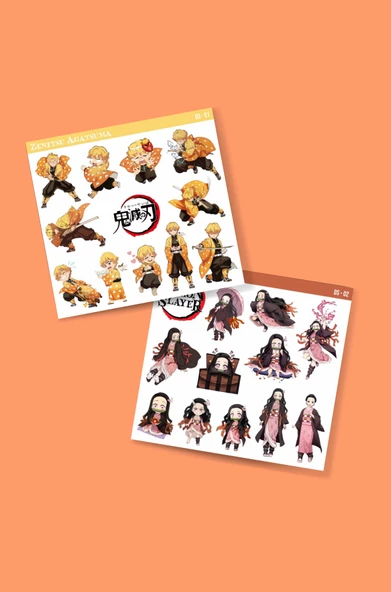 Zenitsu Agatsuma-Nezuko Kamado-Demon Slayer - 2li sticker set - parlak kağıt - başarı çıkartmaları- süsleme etiket - 2