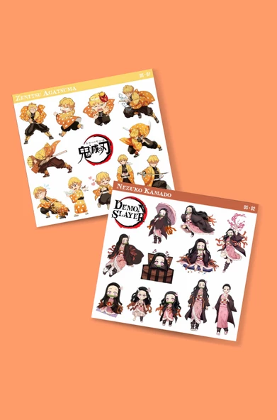 Zenitsu Agatsuma-Nezuko Kamado-Demon Slayer - 2li sticker set - parlak kağıt - başarı çıkartmaları- süsleme etiket