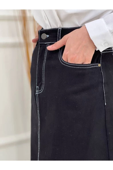 Doğal Kumaşlı Kontrast Dikişli Kot Etek - 3