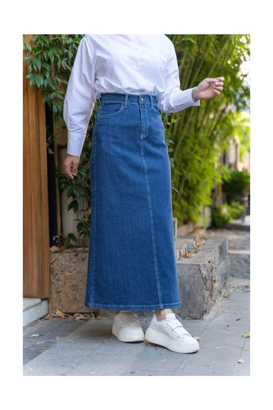 Doğal Kumaşlı Kontrast Dikişli Kot Etek - 10