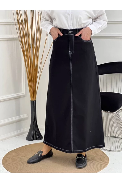 Doğal Kumaşlı Kontrast Dikişli Kot Etek - 5