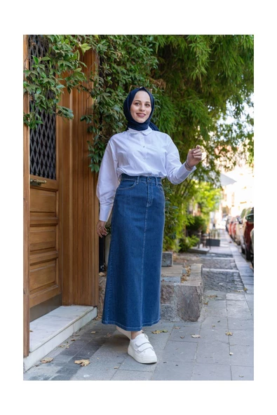 Doğal Kumaşlı Kontrast Dikişli Kot Etek - 7