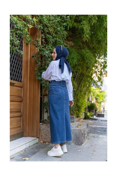 Doğal Kumaşlı Kontrast Dikişli Kot Etek - 11