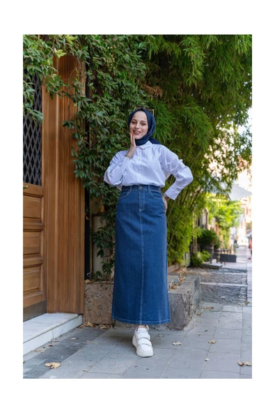 Doğal Kumaşlı Kontrast Dikişli Kot Etek - 12