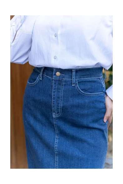 Doğal Kumaşlı Kontrast Dikişli Kot Etek - 8