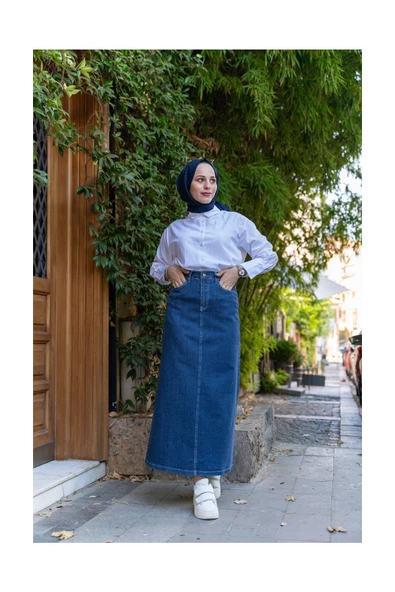 Doğal Kumaşlı Kontrast Dikişli Kot Etek - 9