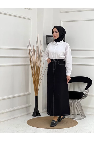 Doğal Kumaşlı Kontrast Dikişli Kot Etek - 6