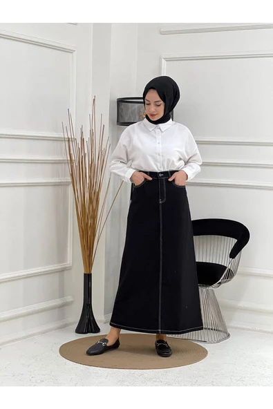 Doğal Kumaşlı Kontrast Dikişli Kot Etek - 4