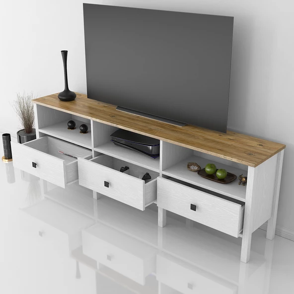 Sakura Suva  3 çekmeceli  tv ünitesi -Wood Beyaz-Minifiks Bağlantılı - 4