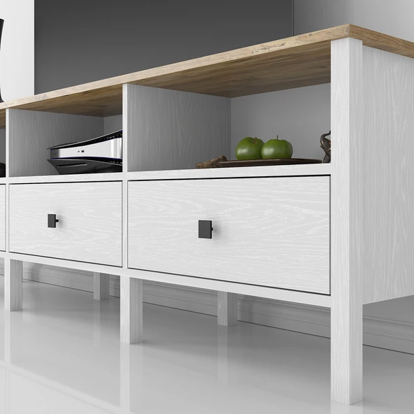 Sakura Suva  3 çekmeceli  tv ünitesi -Wood Beyaz-Minifiks Bağlantılı - 3