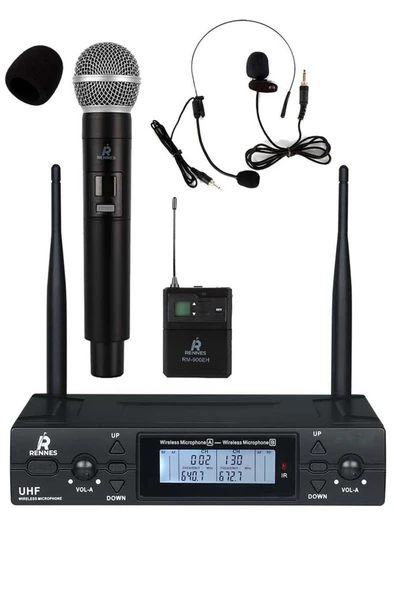 Rennes RM-900EH UHF 2x100 Kanal Çiftli Kablosuz EL Yaka Headset Mikrofonu Çift Anten LCD Ekran ürün görseli 1