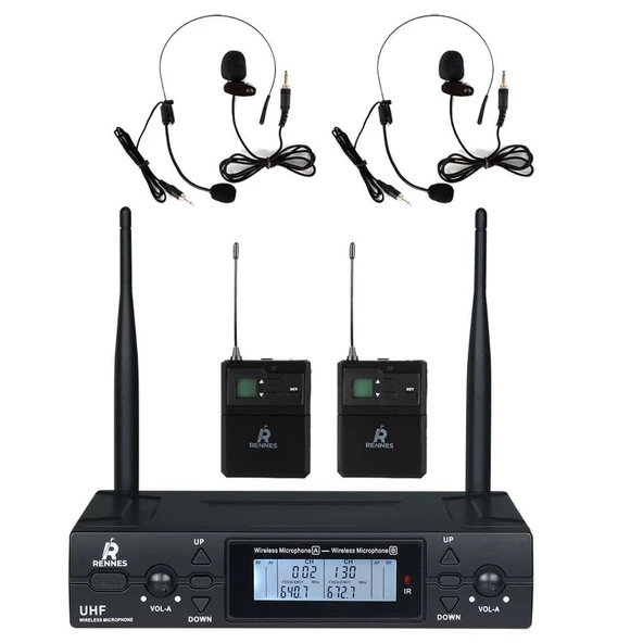 Rennes RM-900HH UHF 2x100 Kanal Çiftli Kablosuz Yaka ve Headset Mikrofonu Çift Anten LCD Ekran