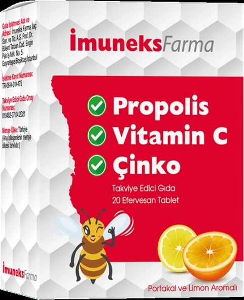 Imuneks Propolis Vitamin C Çinko içeren Takviye Edici Gıda 20 Efervesan Tablet