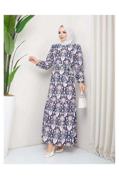 Terikoton Büzgülü Desenli Elbise - 12