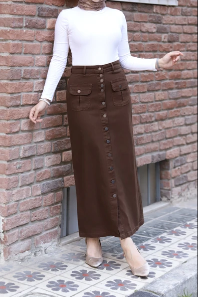 Boydan Düğmeli Körük Cepli Tesettür Etek - 10