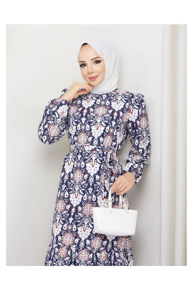 Terikoton Büzgülü Desenli Elbise - 4