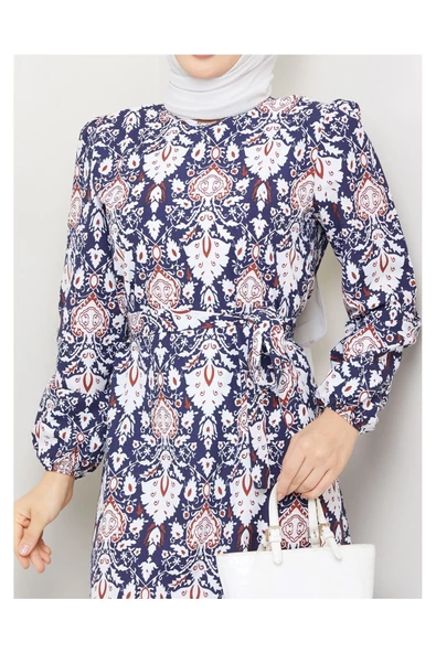 Terikoton Büzgülü Desenli Elbise - 2