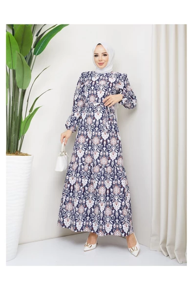 Terikoton Büzgülü Desenli Elbise - 5