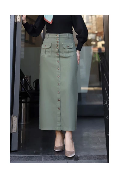 Boydan Düğmeli Körük Cepli Tesettür Etek