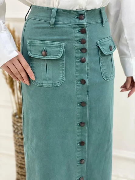 Boydan Düğmeli Körük Cepli Tesettür Etek - 7