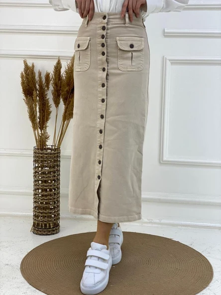 Boydan Düğmeli Körük Cepli Tesettür Etek - 4