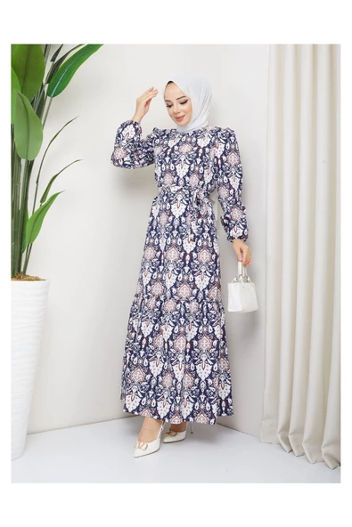 Terikoton Büzgülü Desenli Elbise - 7